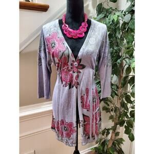 Ashley Blue Women's Gray Floral Viscose Long Sleeve Cardigan Sweater Size XL